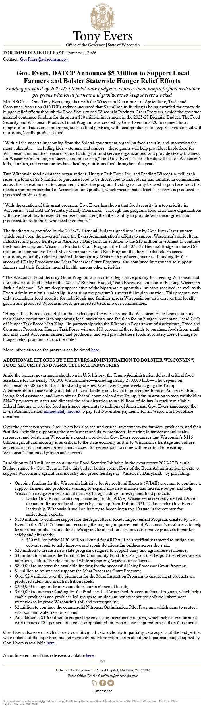 Screenshot of the email generated on import