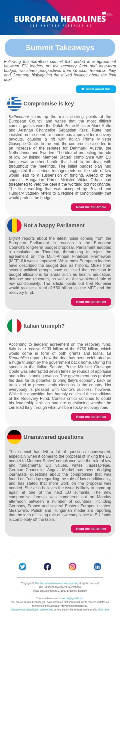 Screenshot of the email generated on import