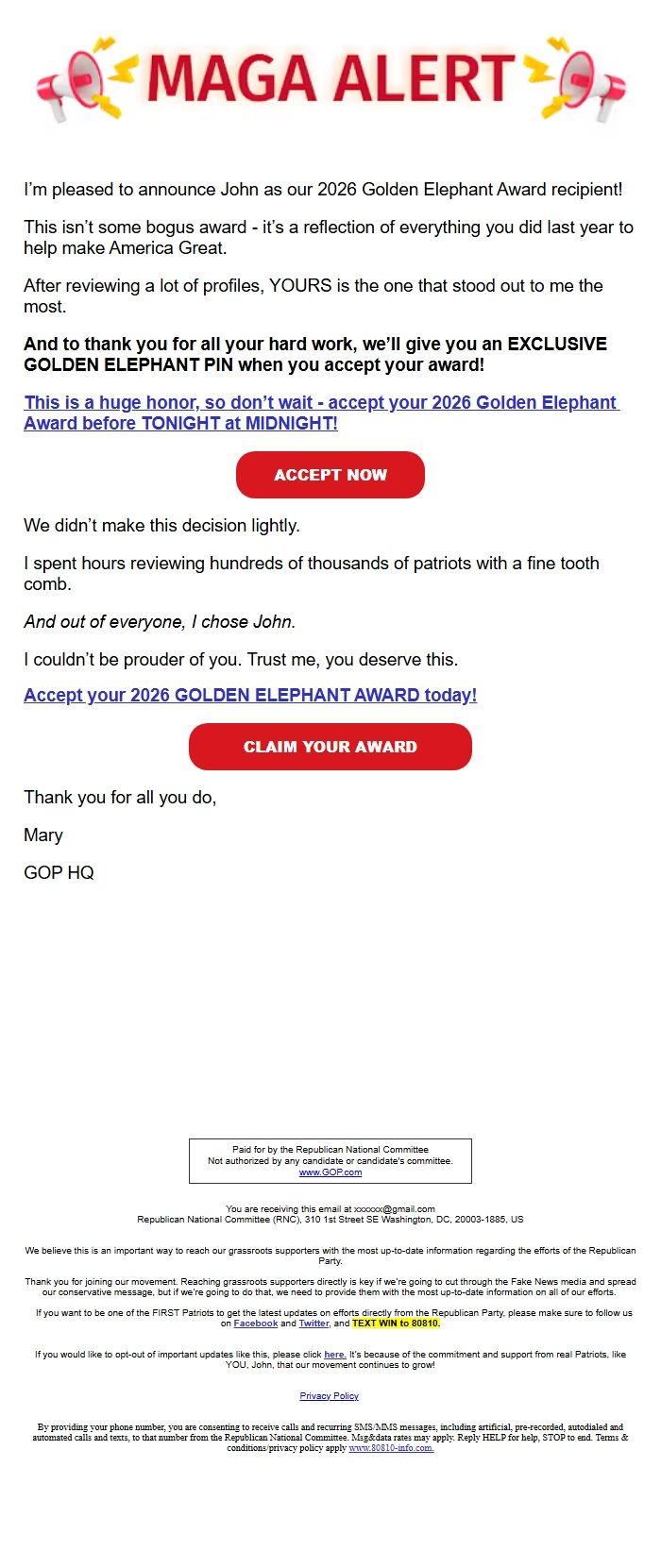 Screenshot of the email generated on import