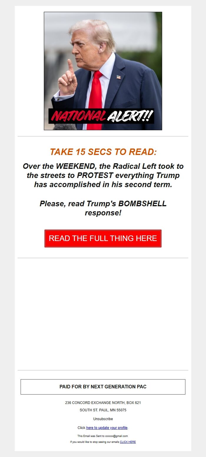 Screenshot of the email generated on import