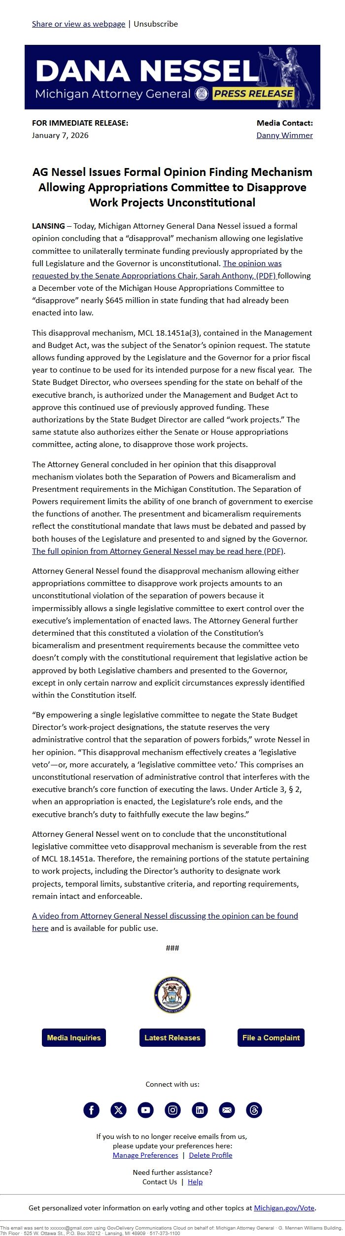 Screenshot of the email generated on import