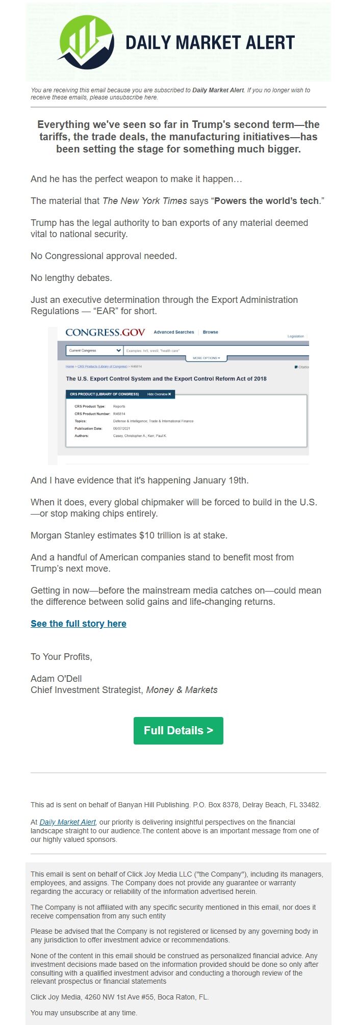 Screenshot of the email generated on import