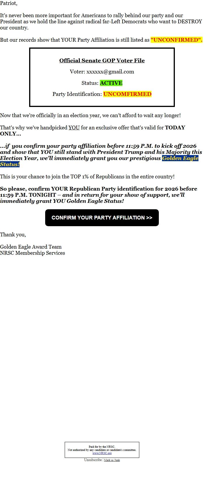 Screenshot of the email generated on import