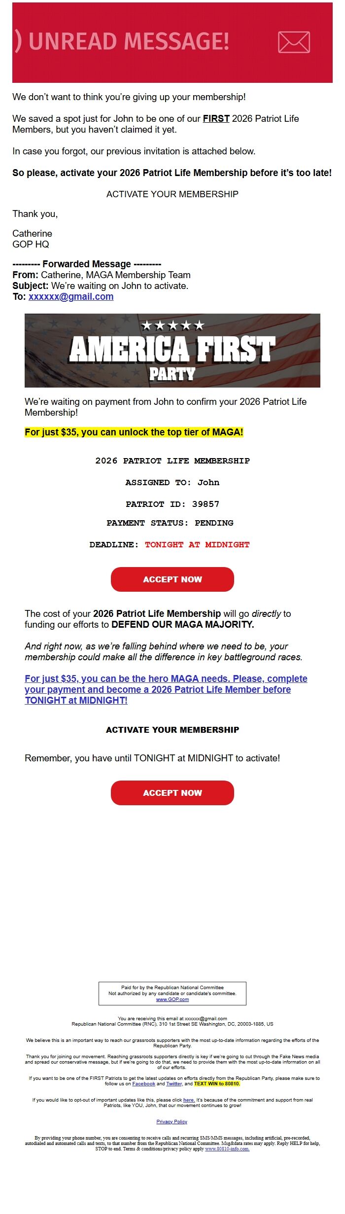 Screenshot of the email generated on import