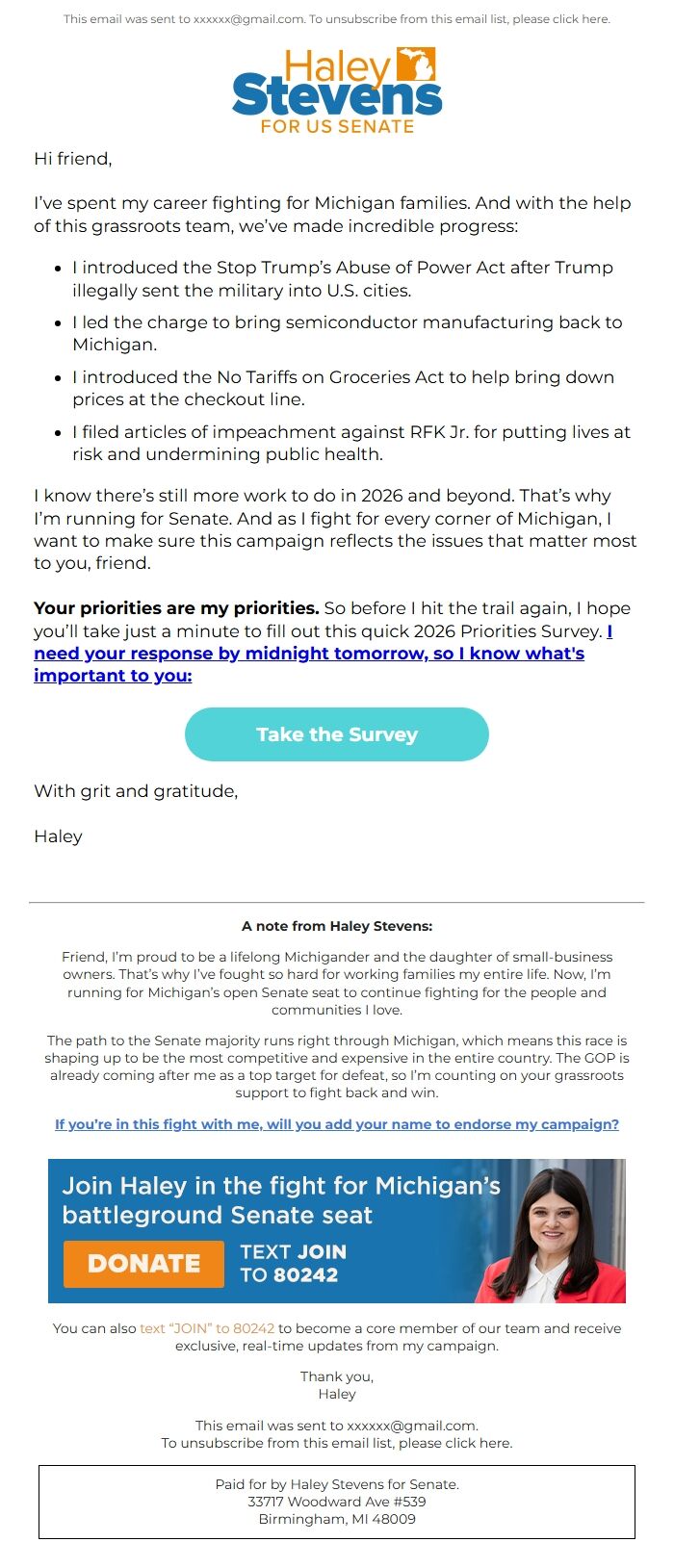 Screenshot of the email generated on import