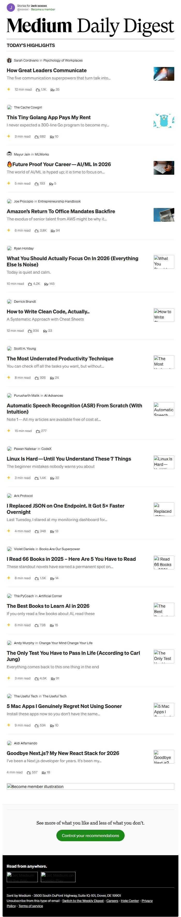 Screenshot of the email generated on import