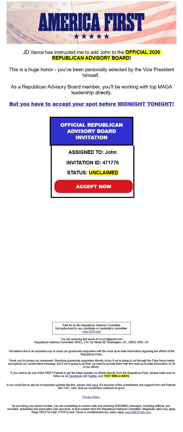 Screenshot of the email generated on import