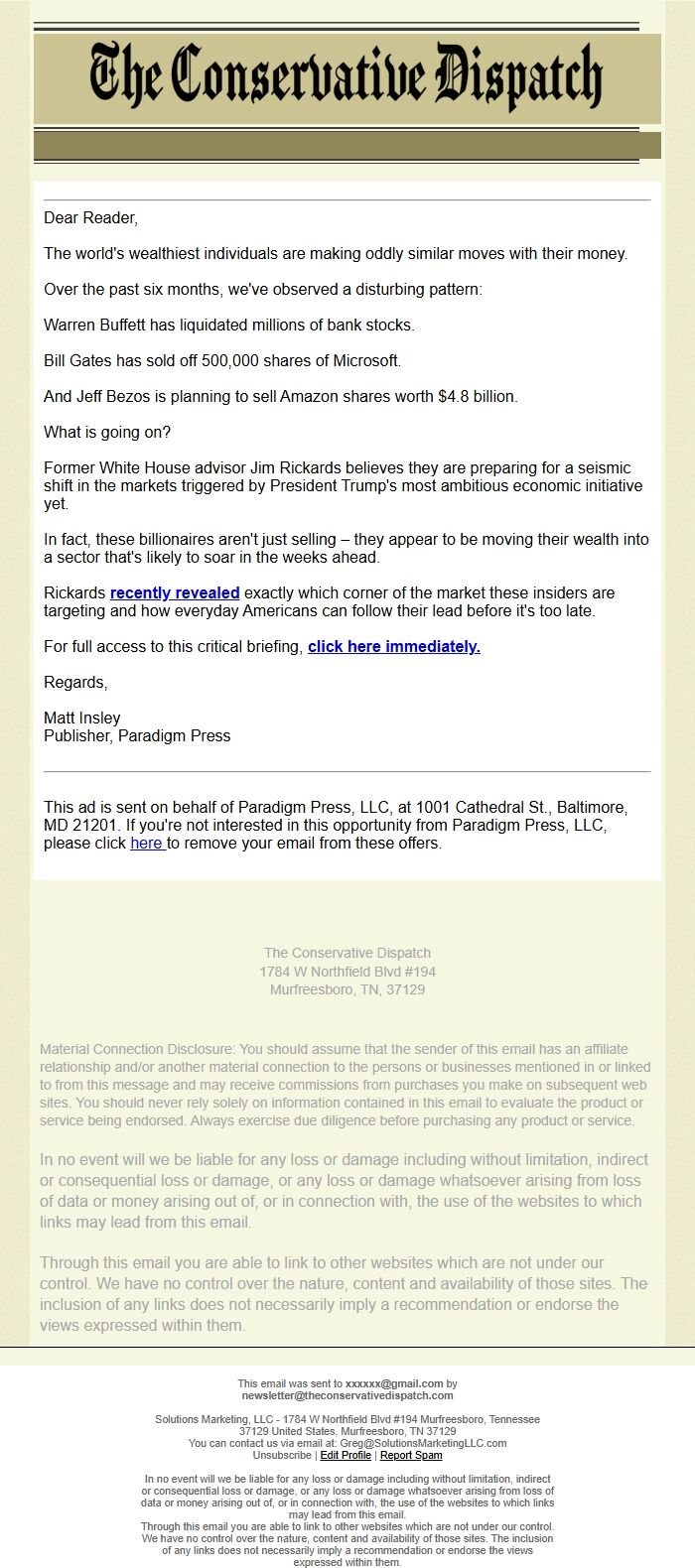 Screenshot of the email generated on import