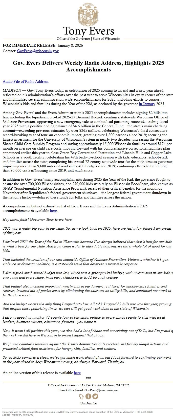 Screenshot of the email generated on import