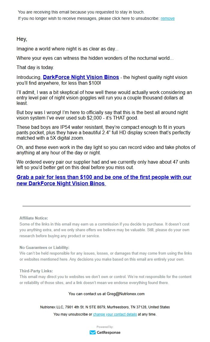 Screenshot of the email generated on import