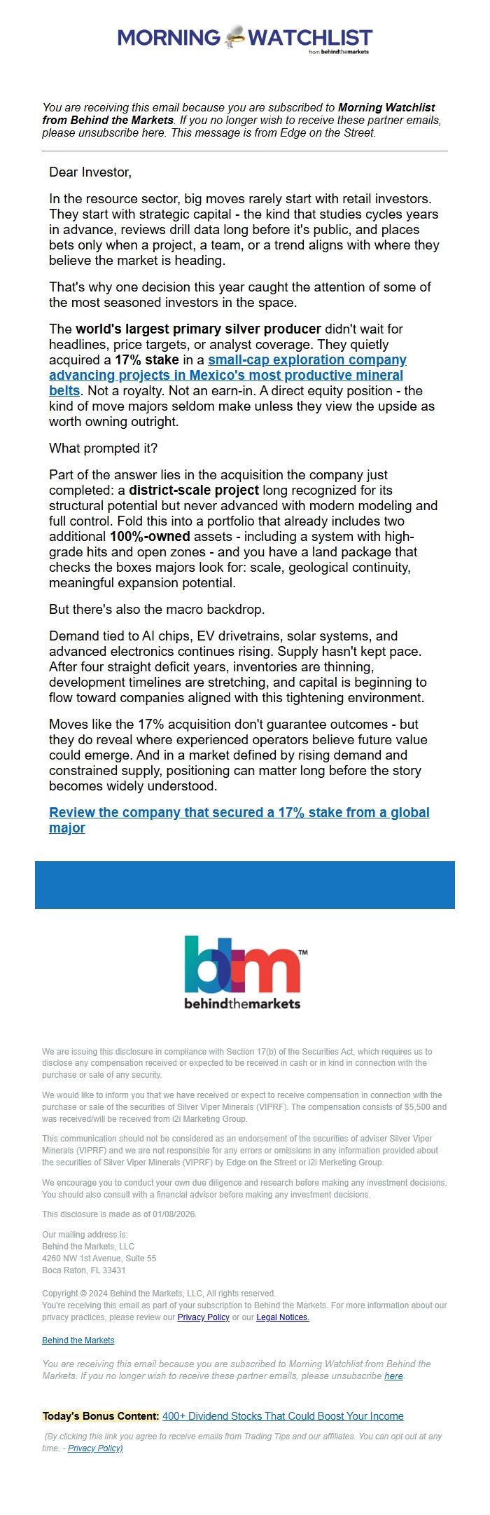 Screenshot of the email generated on import