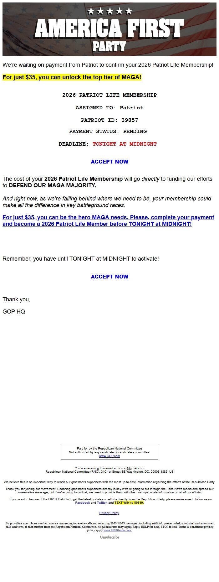 Screenshot of the email generated on import
