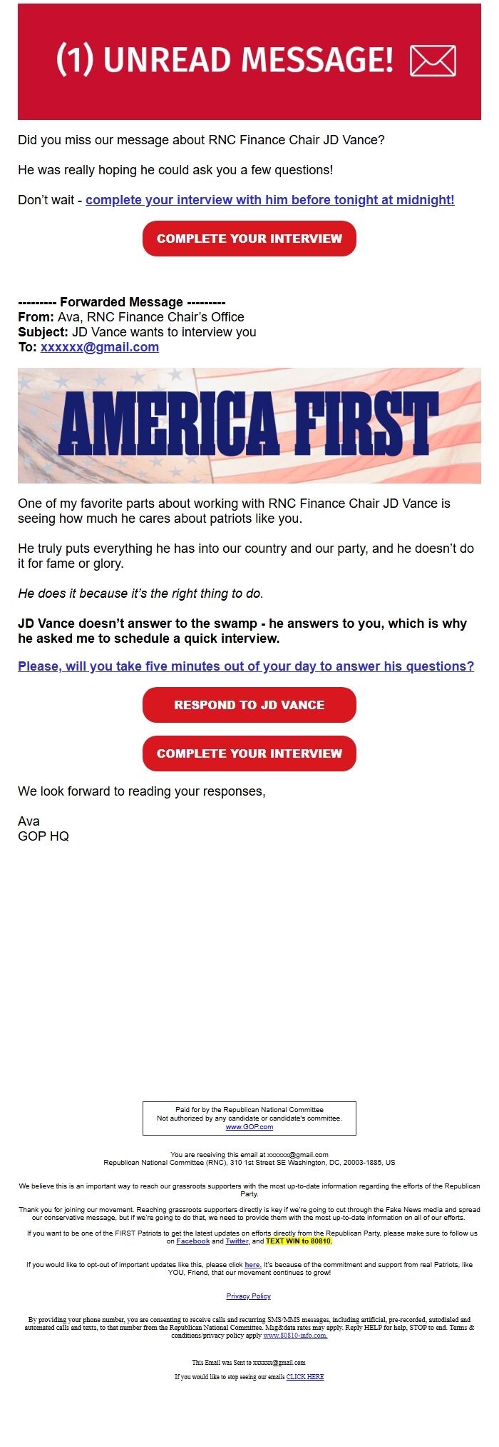 Screenshot of the email generated on import