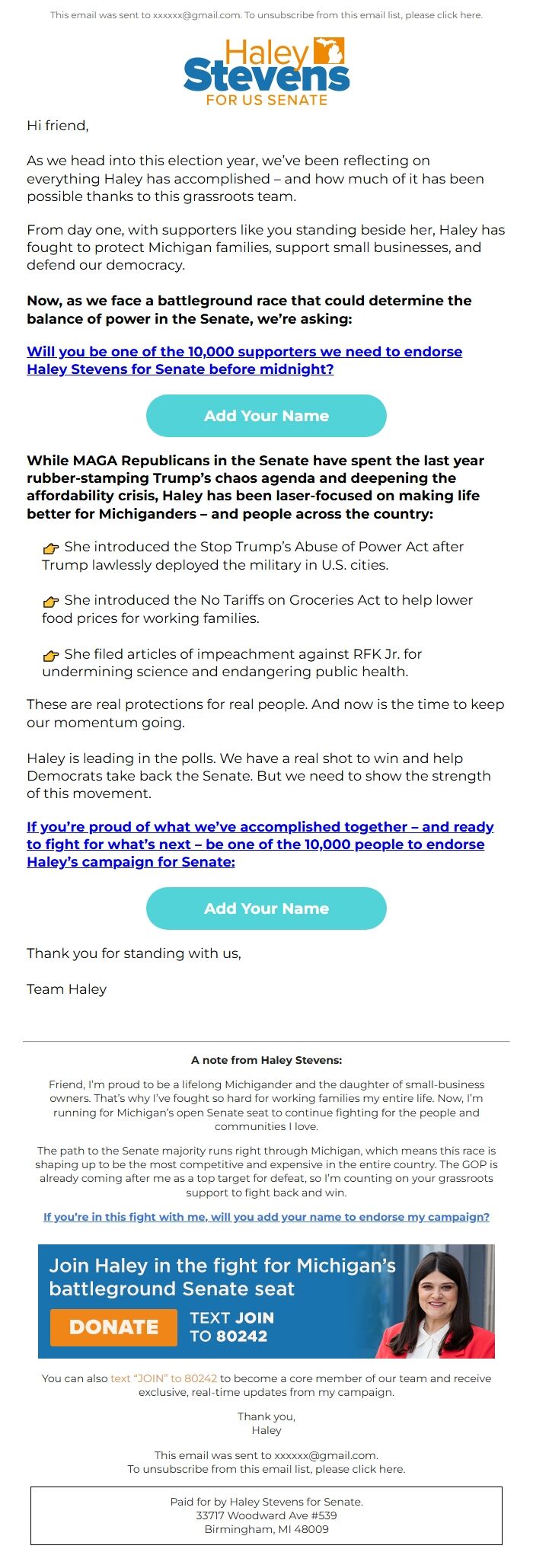 Screenshot of the email generated on import