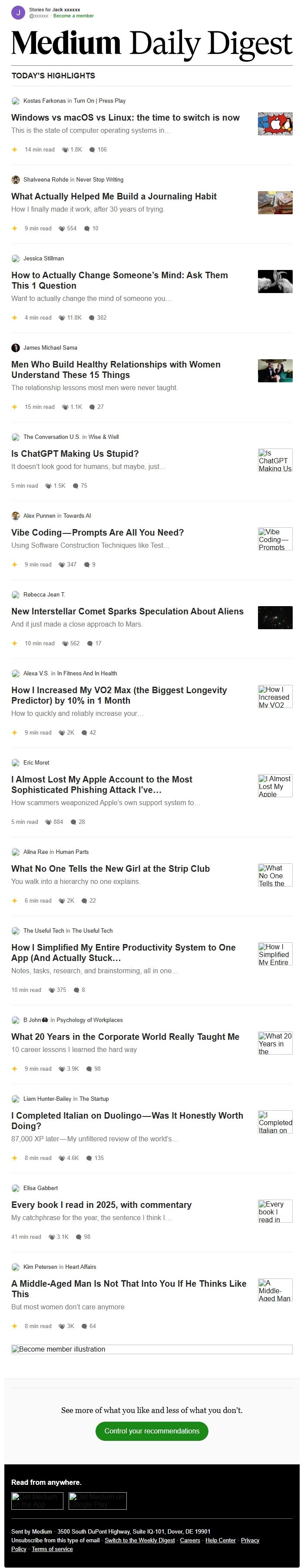 Screenshot of the email generated on import