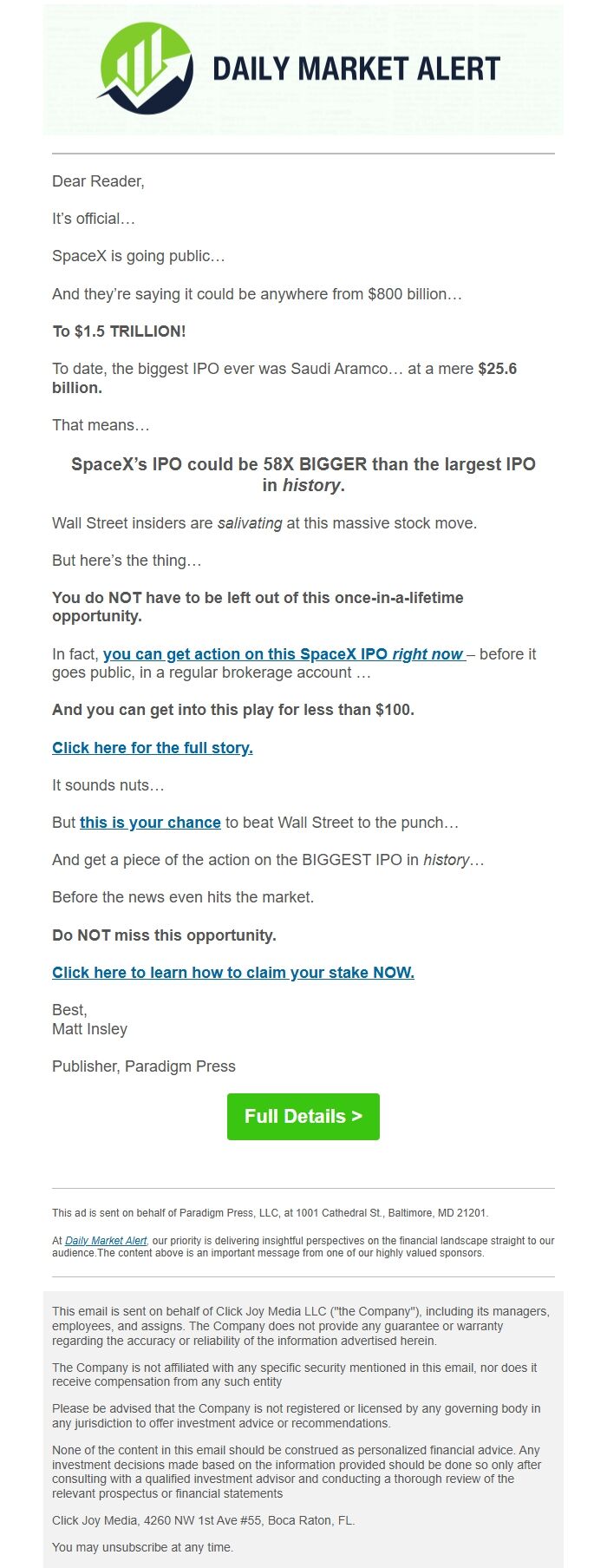 Screenshot of the email generated on import