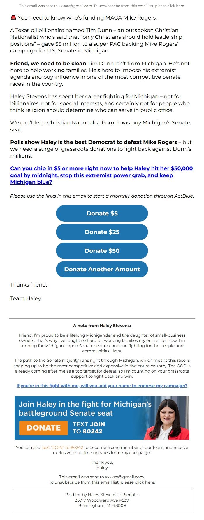 Screenshot of the email generated on import