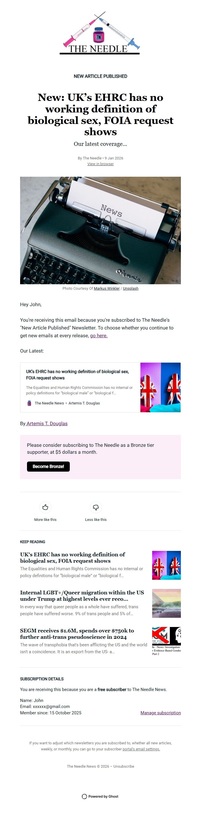 Screenshot of the email generated on import