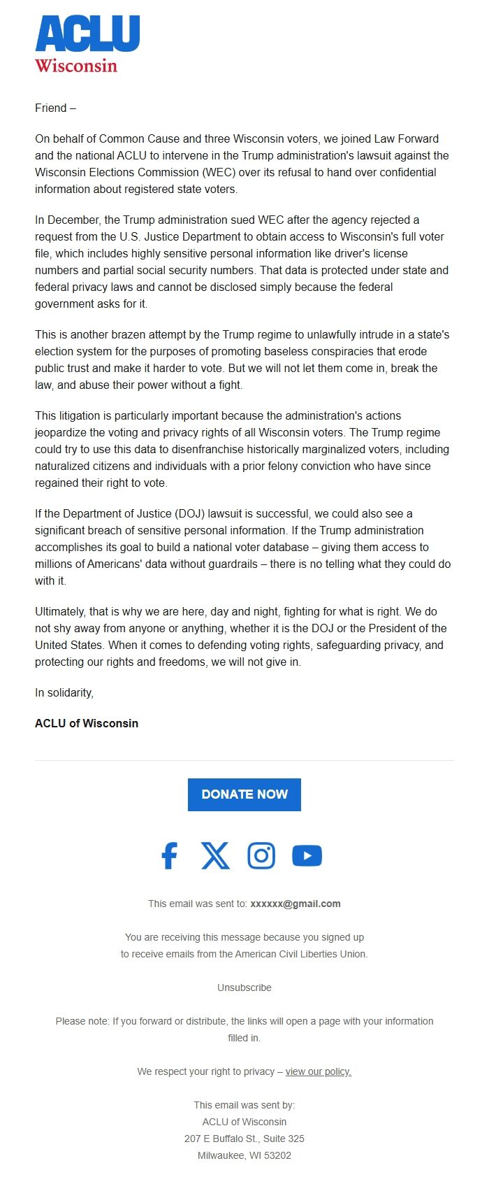 Screenshot of the email generated on import