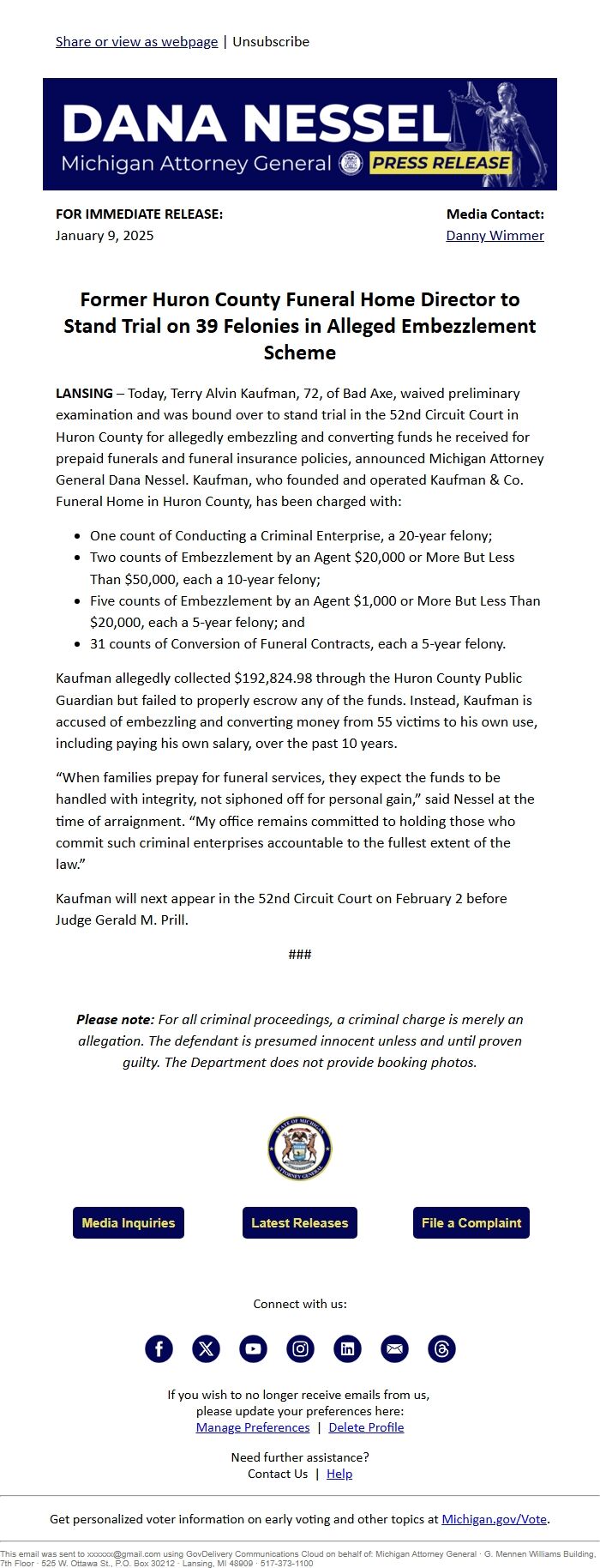 Screenshot of the email generated on import