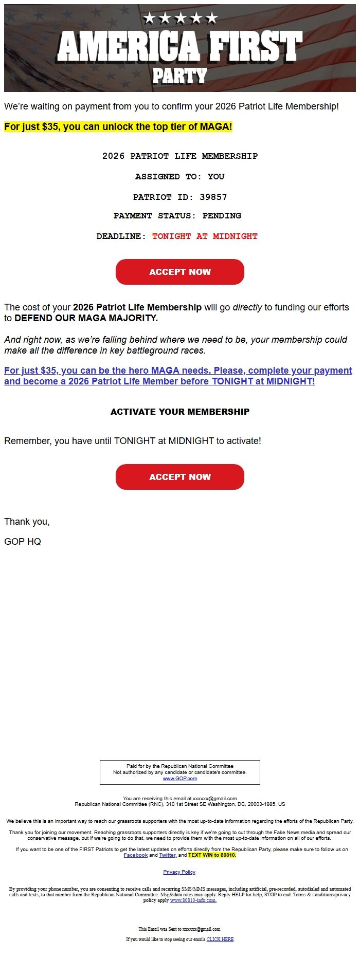 Screenshot of the email generated on import