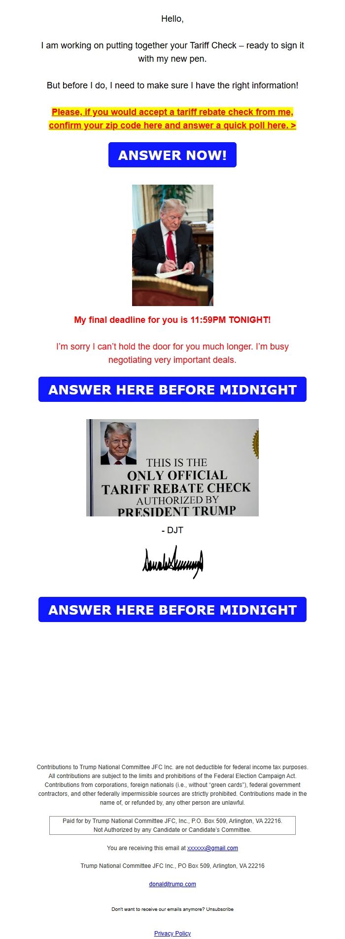 Screenshot of the email generated on import