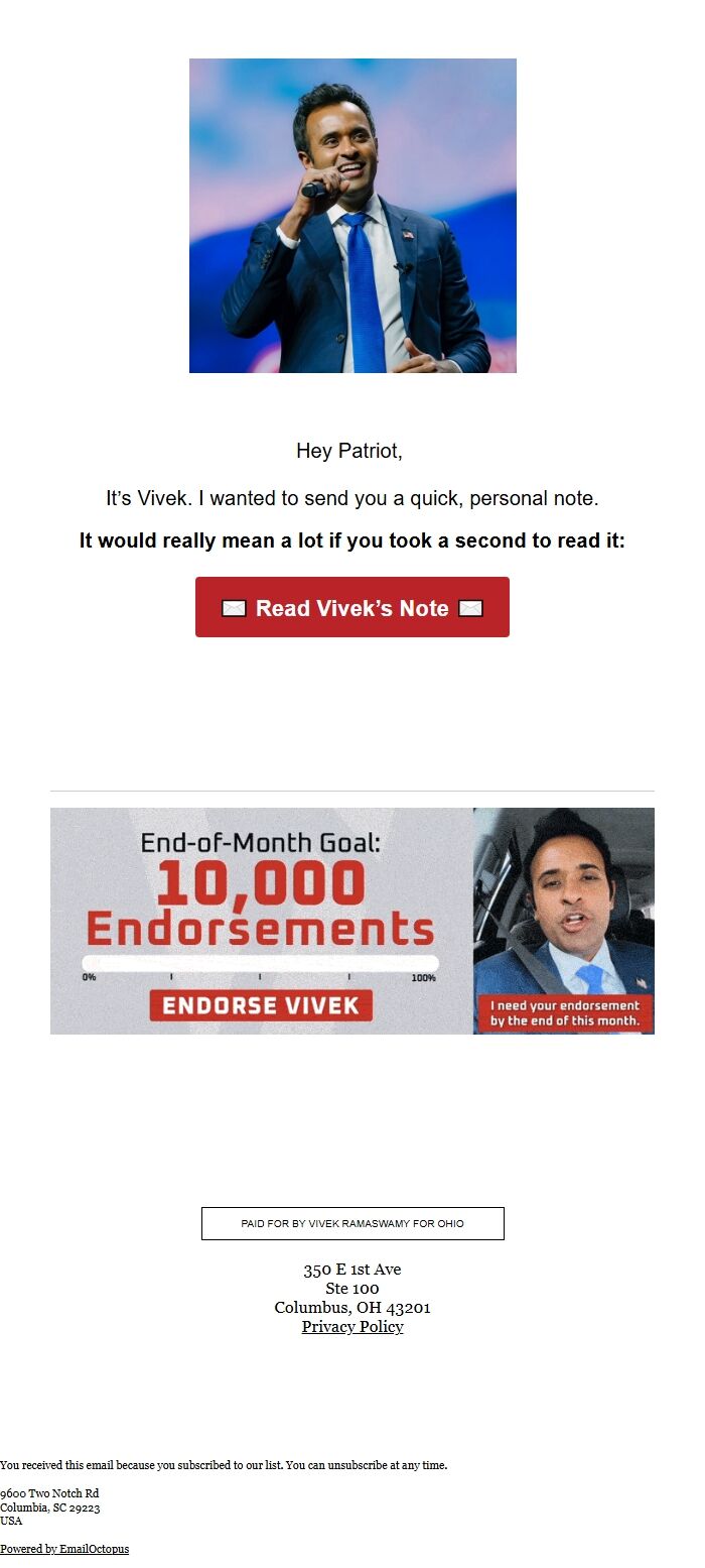 Screenshot of the email generated on import