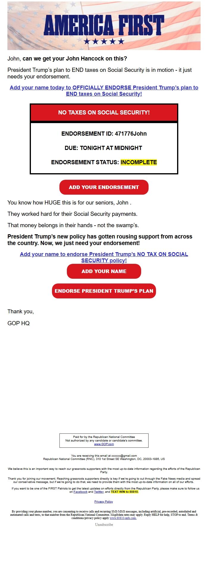 Screenshot of the email generated on import