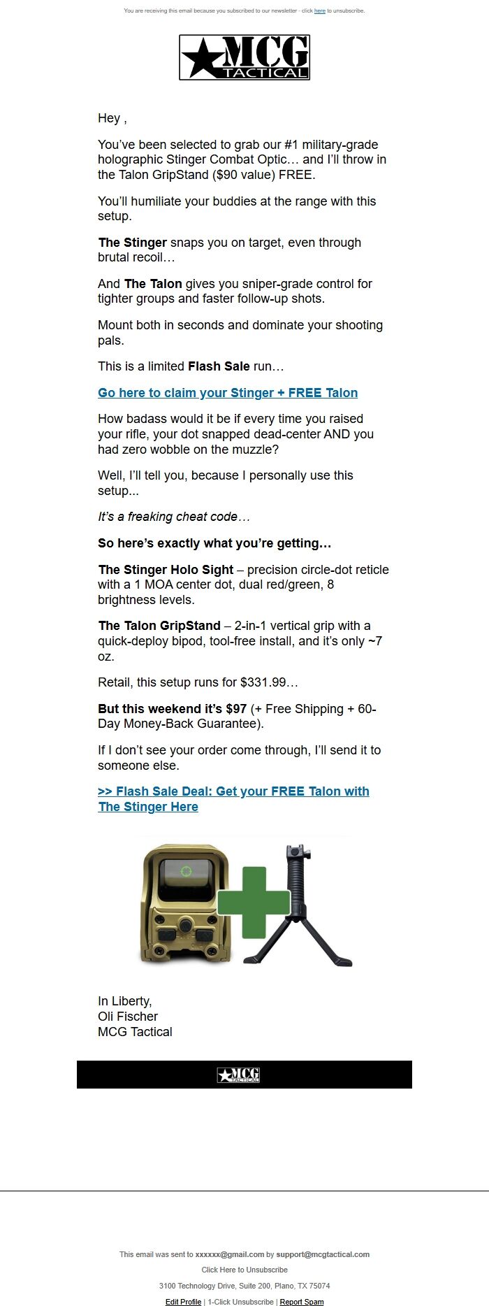 Screenshot of the email generated on import