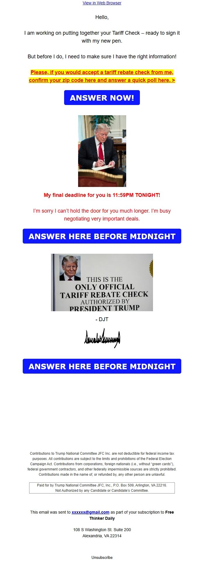 Screenshot of the email generated on import