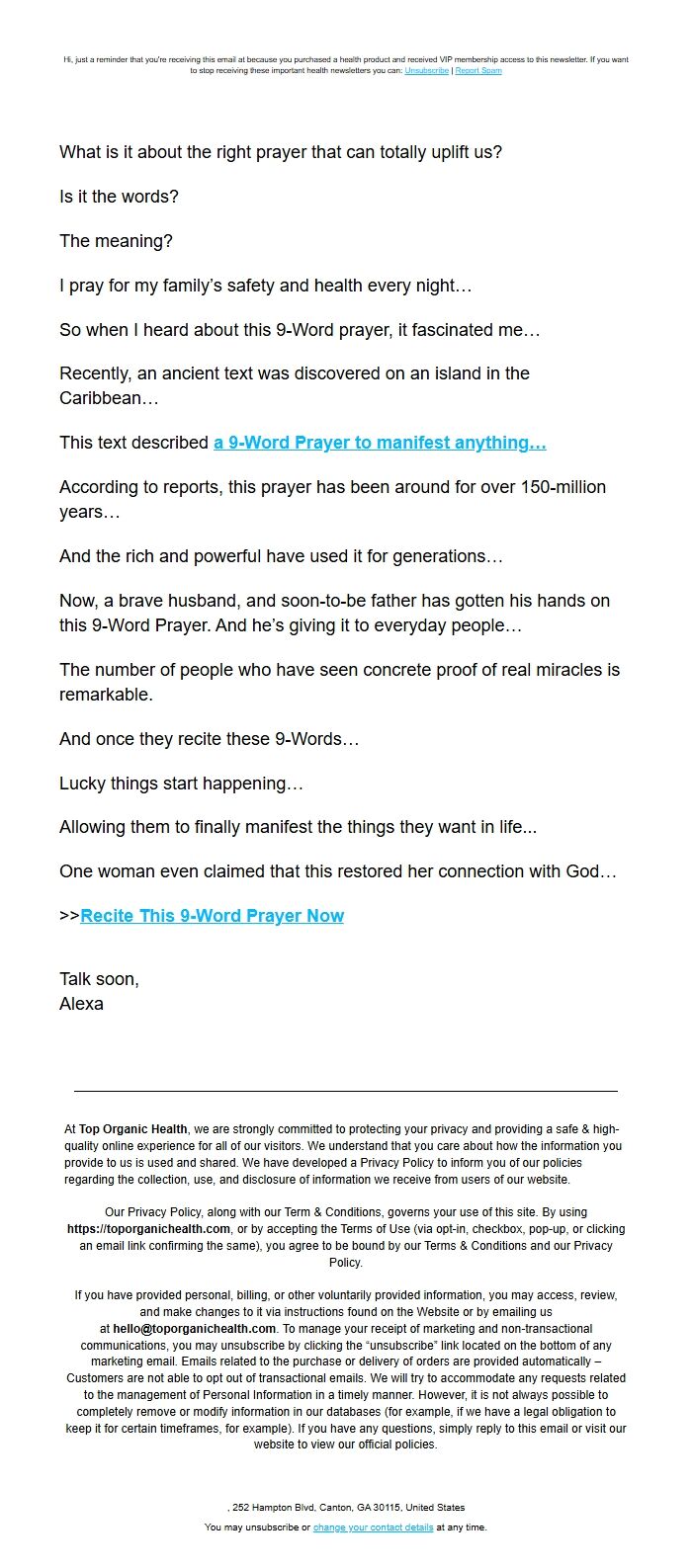 Screenshot of the email generated on import