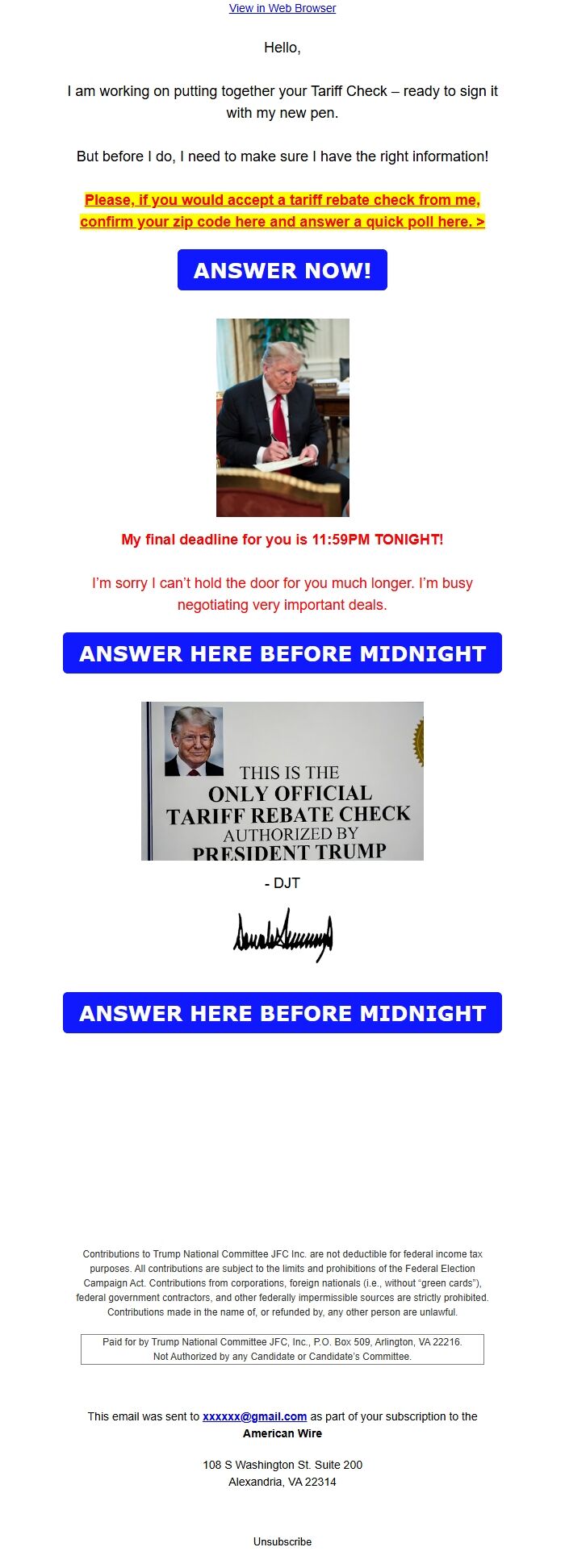 Screenshot of the email generated on import