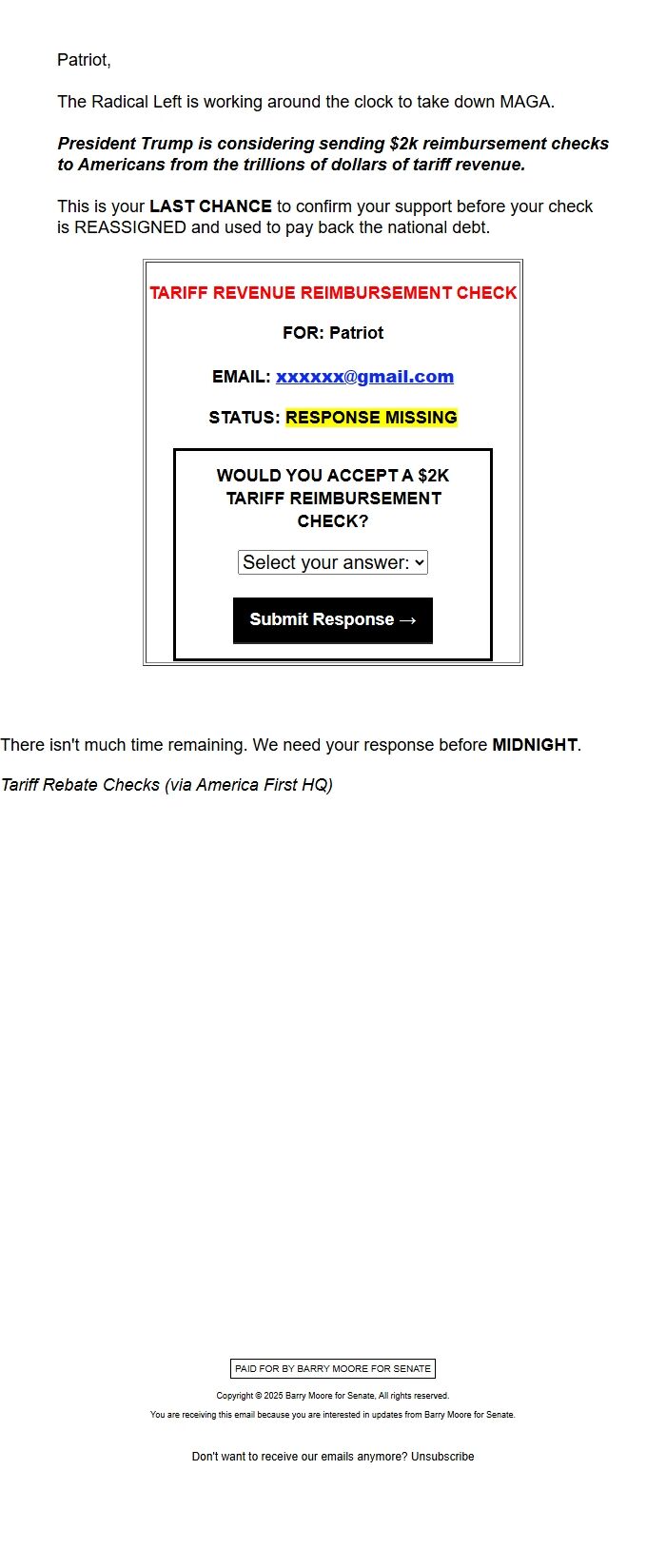 Screenshot of the email generated on import