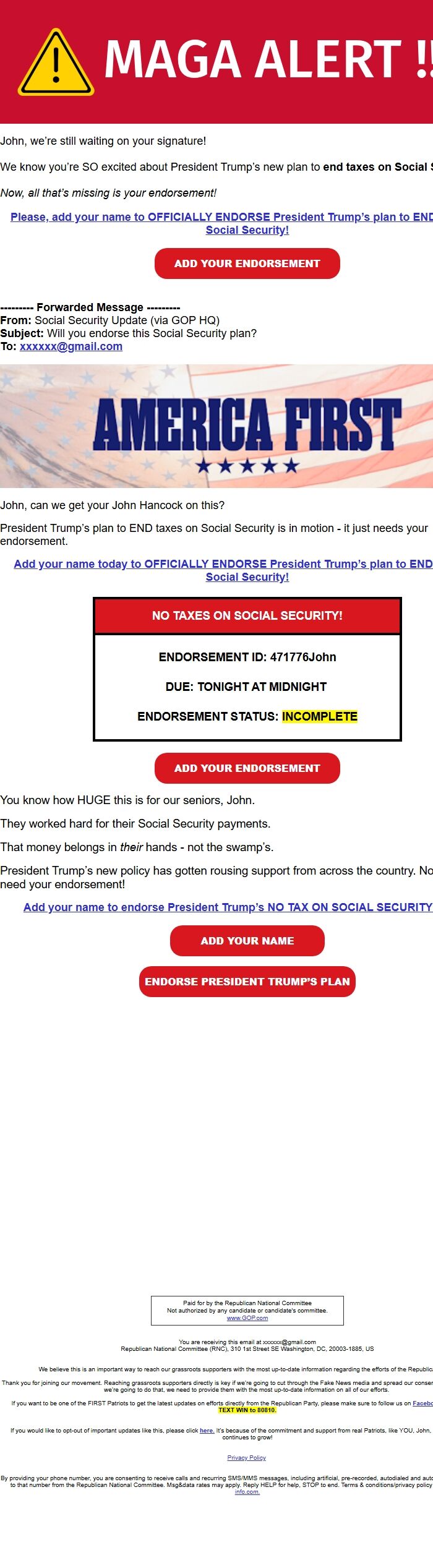 Screenshot of the email generated on import