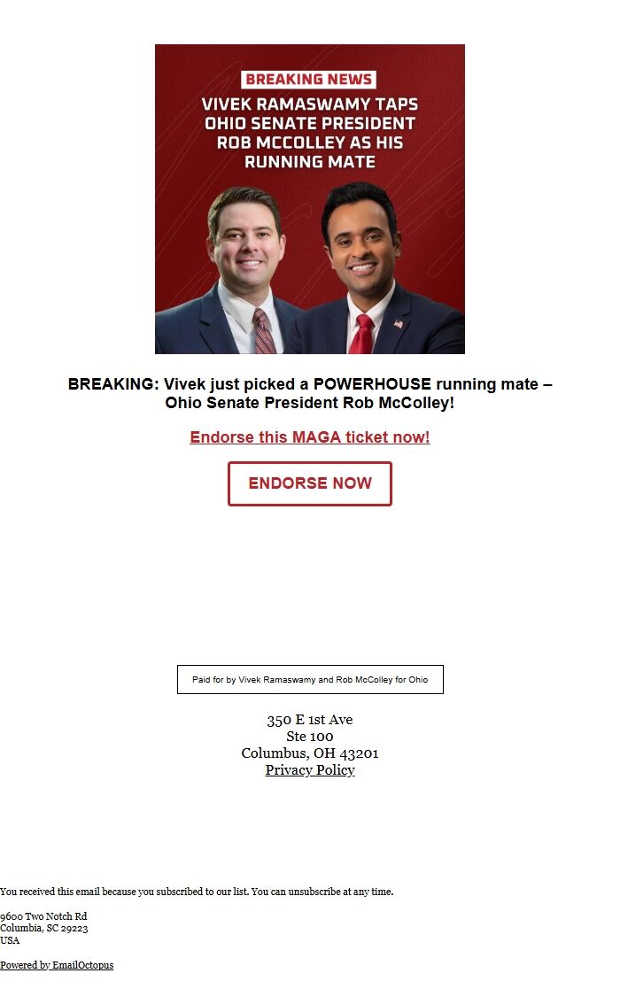 Screenshot of the email generated on import