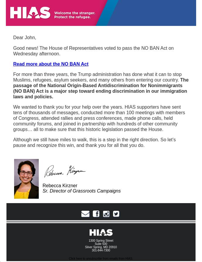Screenshot of the email generated on import