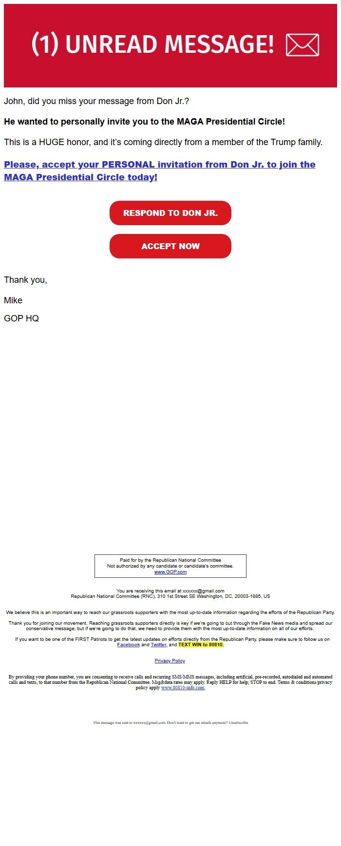 Screenshot of the email generated on import