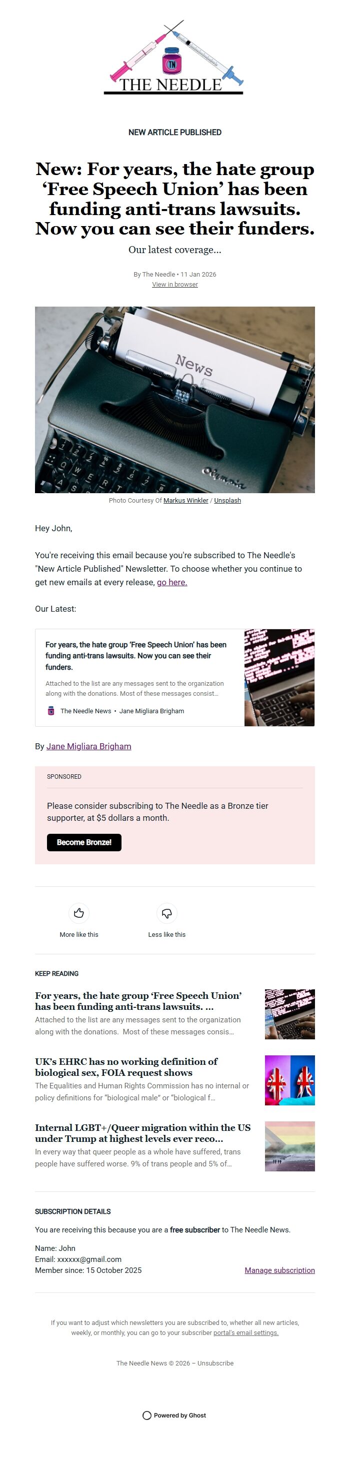 Screenshot of the email generated on import