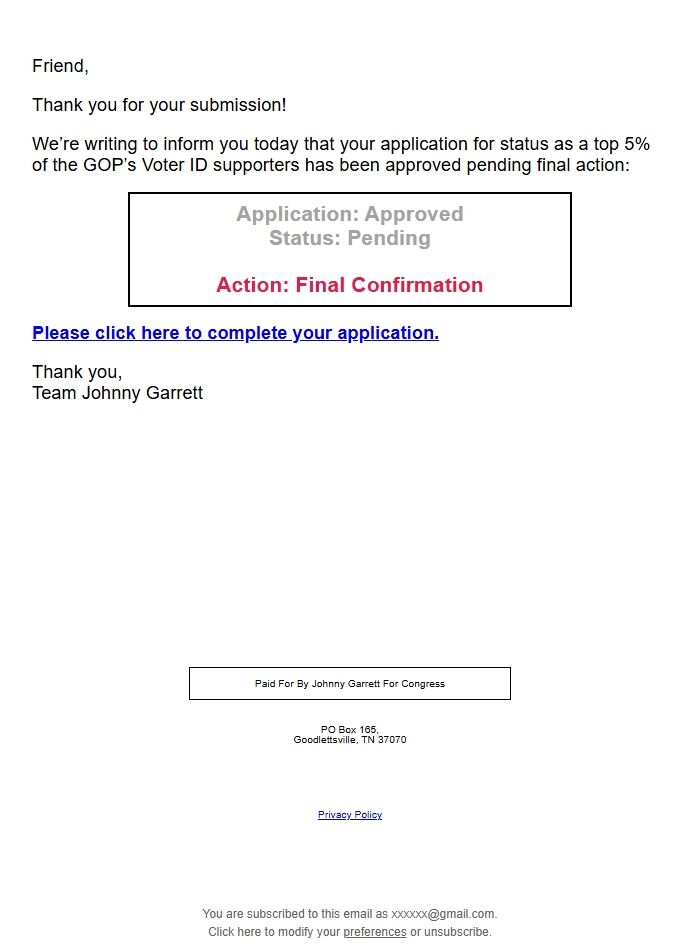 Screenshot of the email generated on import