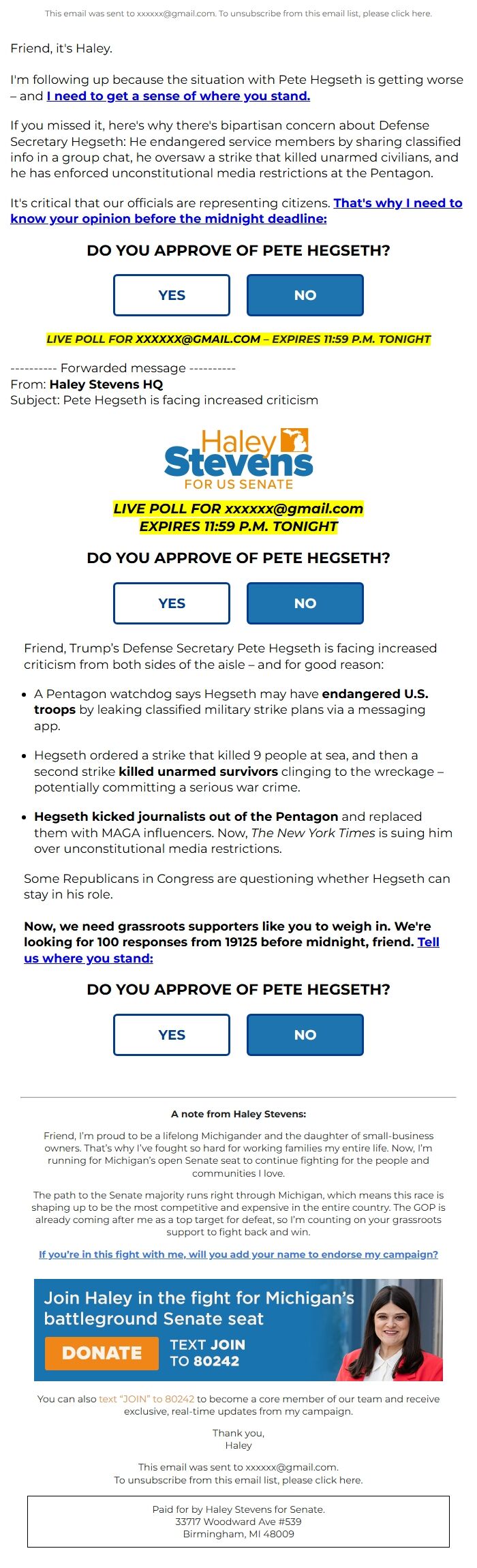 Screenshot of the email generated on import