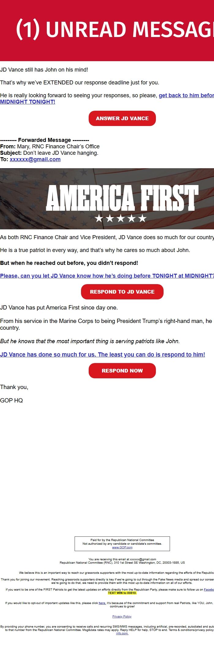 Screenshot of the email generated on import