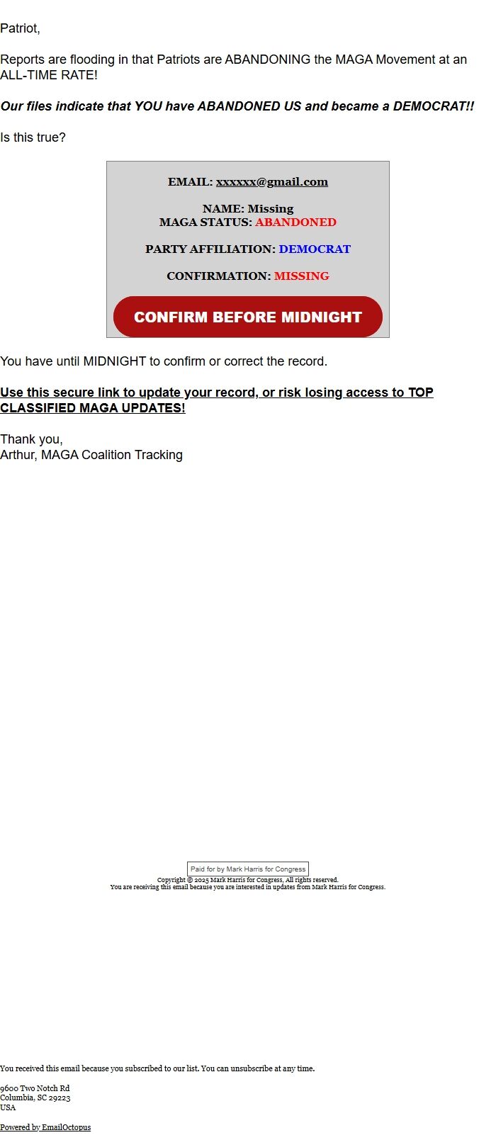 Screenshot of the email generated on import