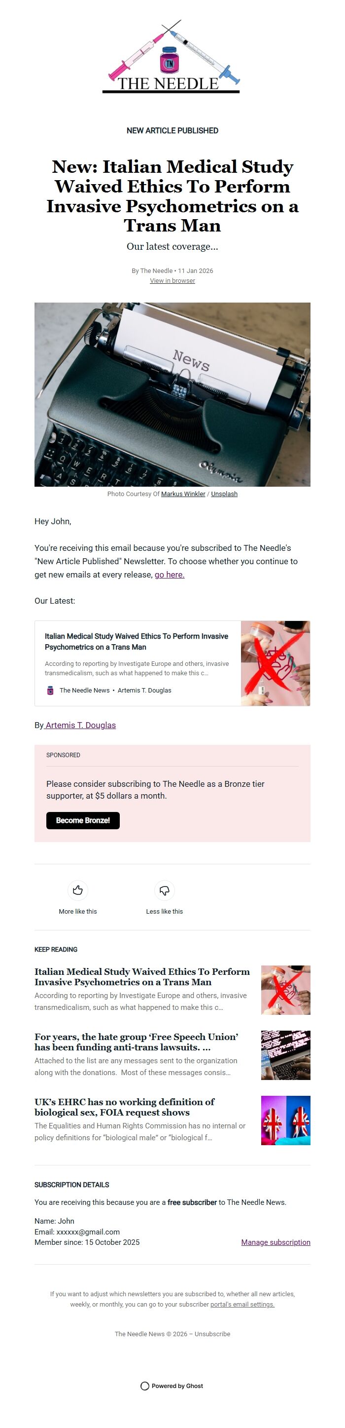 Screenshot of the email generated on import