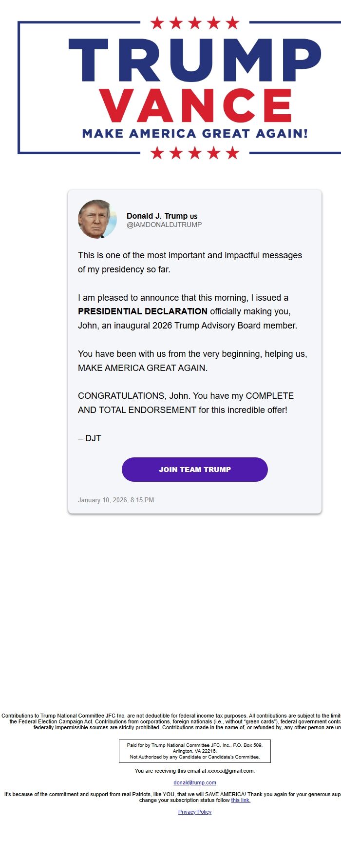 Screenshot of the email generated on import