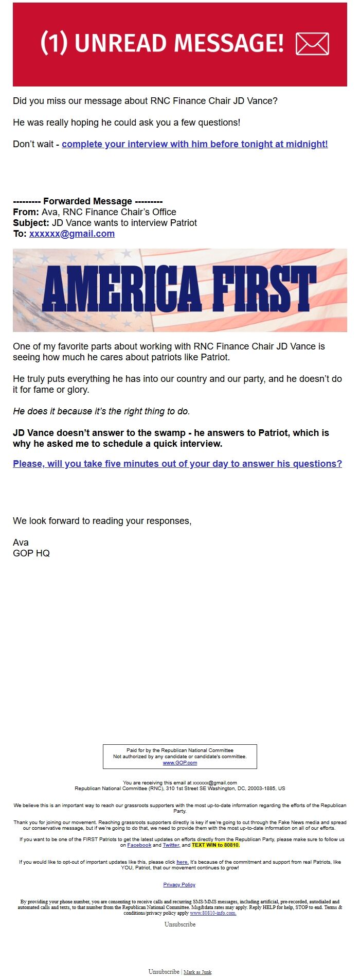 Screenshot of the email generated on import