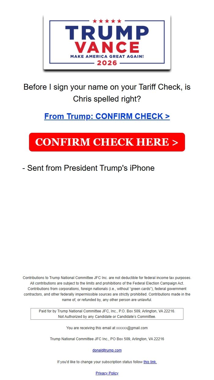 Screenshot of the email generated on import