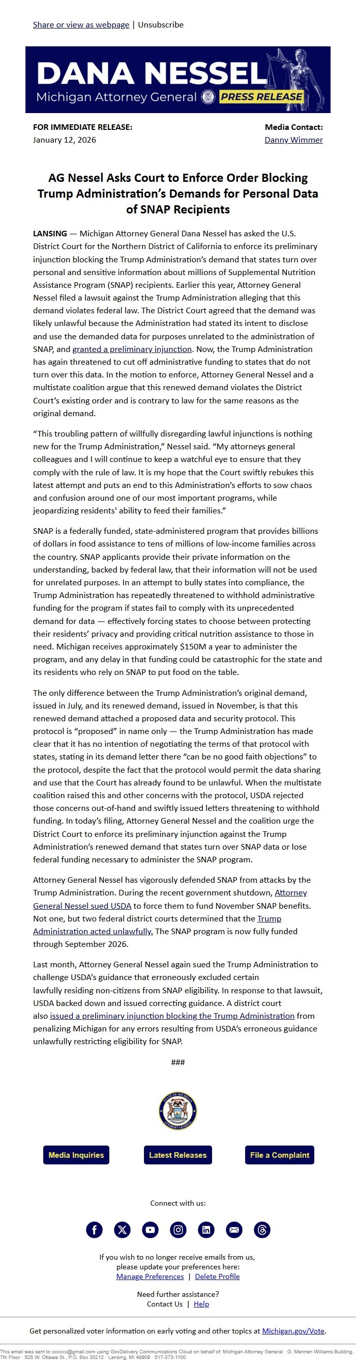 Screenshot of the email generated on import