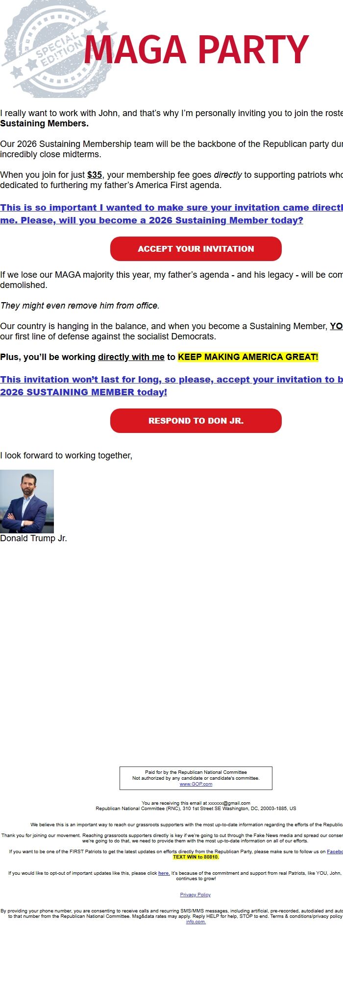 Screenshot of the email generated on import