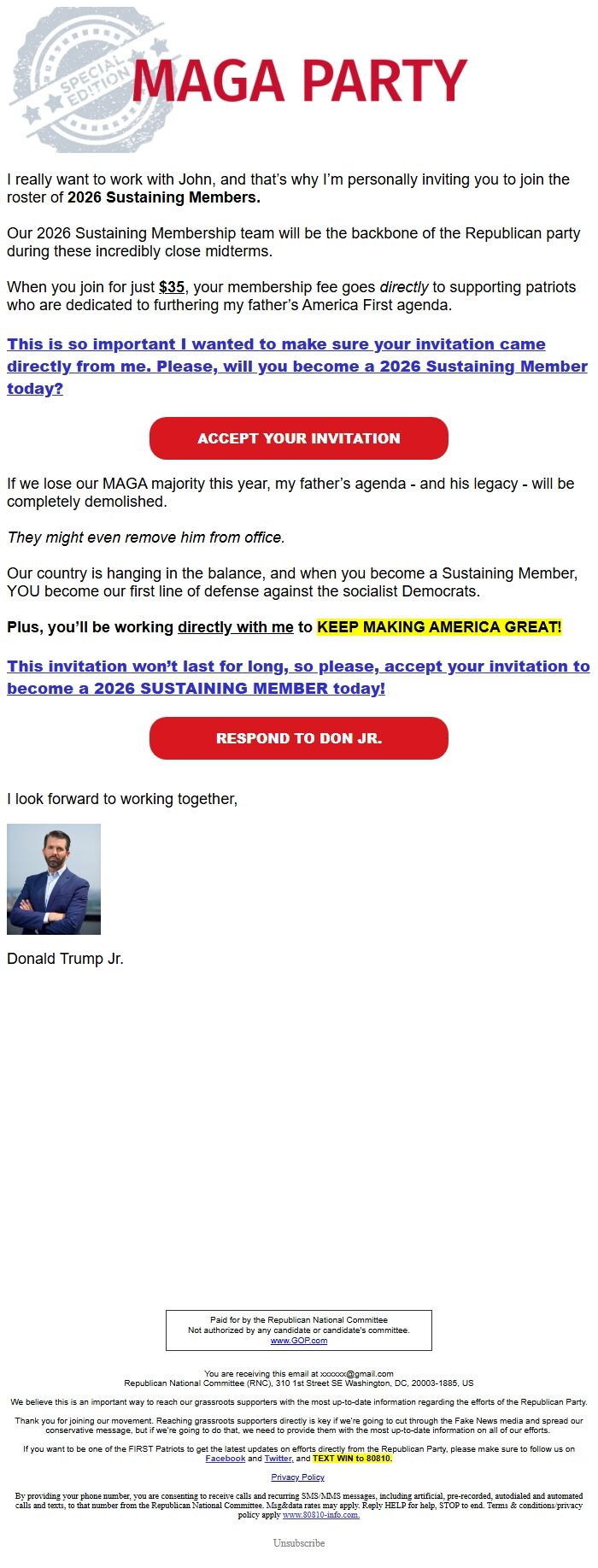 Screenshot of the email generated on import