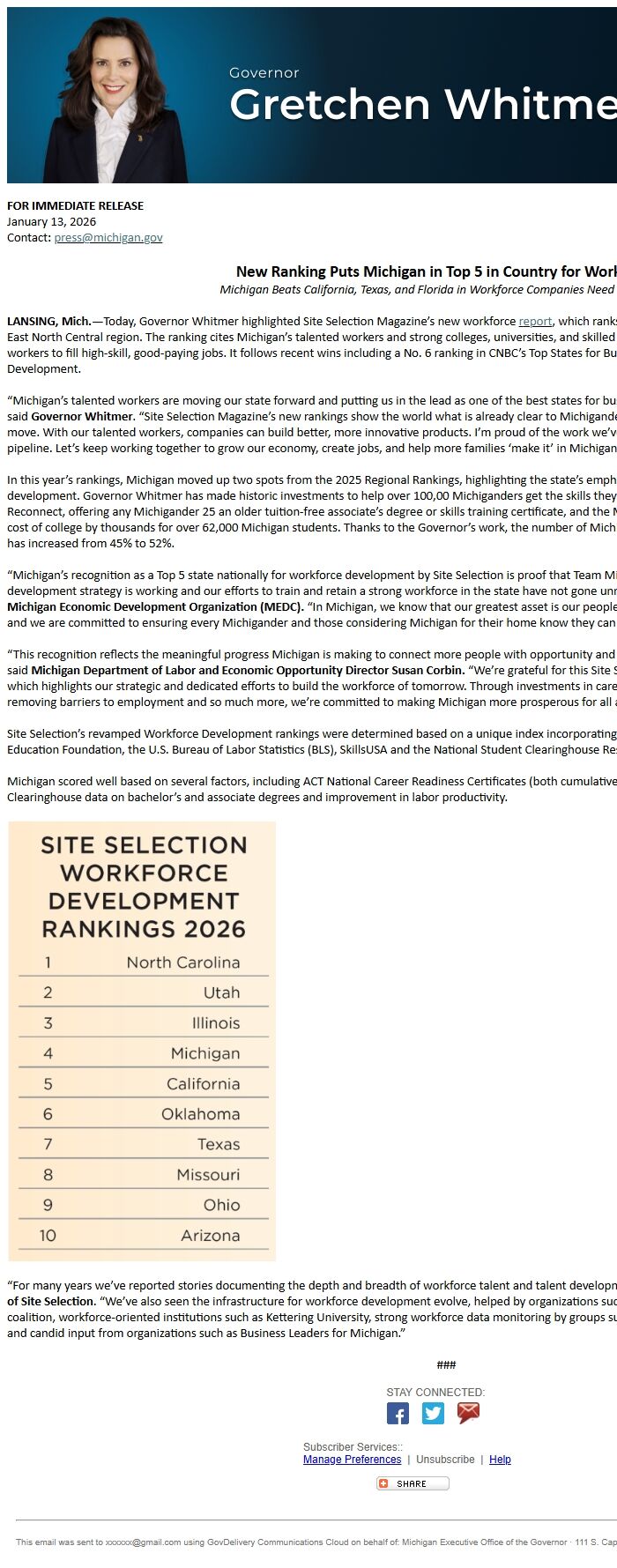 Screenshot of the email generated on import